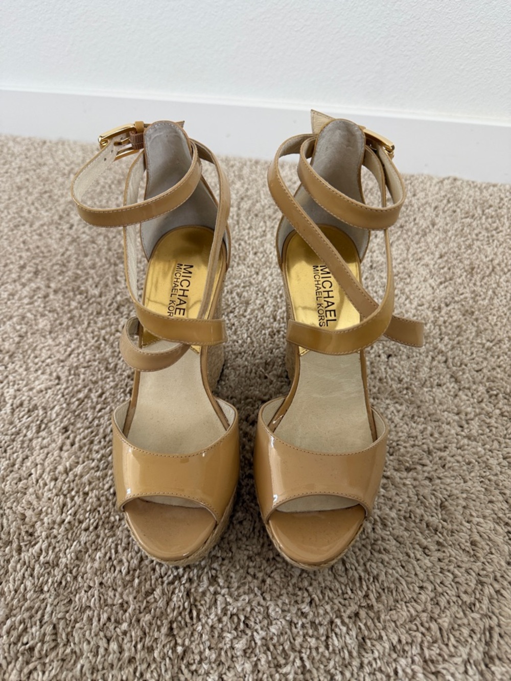 Michael Kors Nude Patent Leather Crisscross Wedge Sandals
